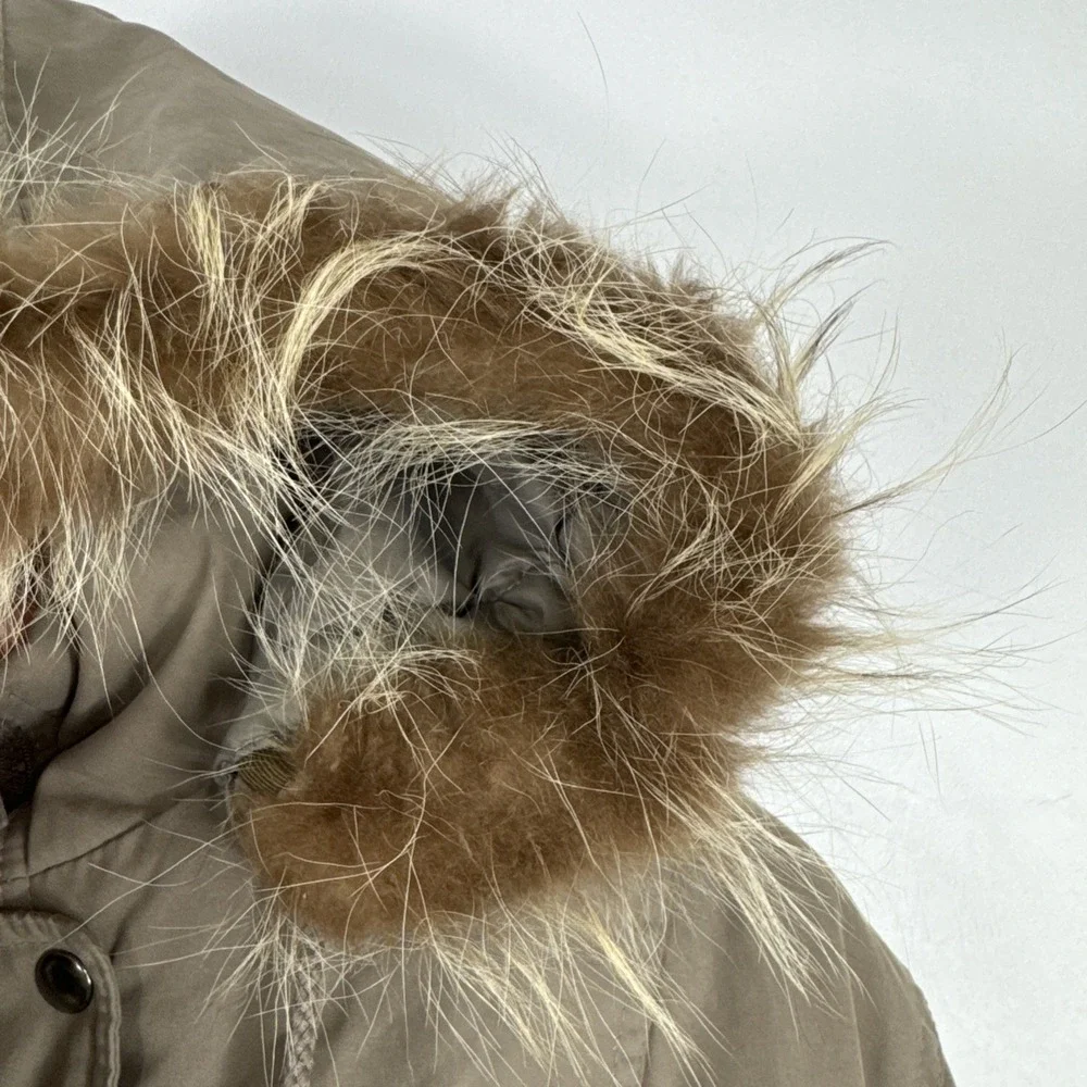 Jacqueline Ferrar Parka Coat Womens Medium Tan Long Raccon Fur Hood Heavy Jacket